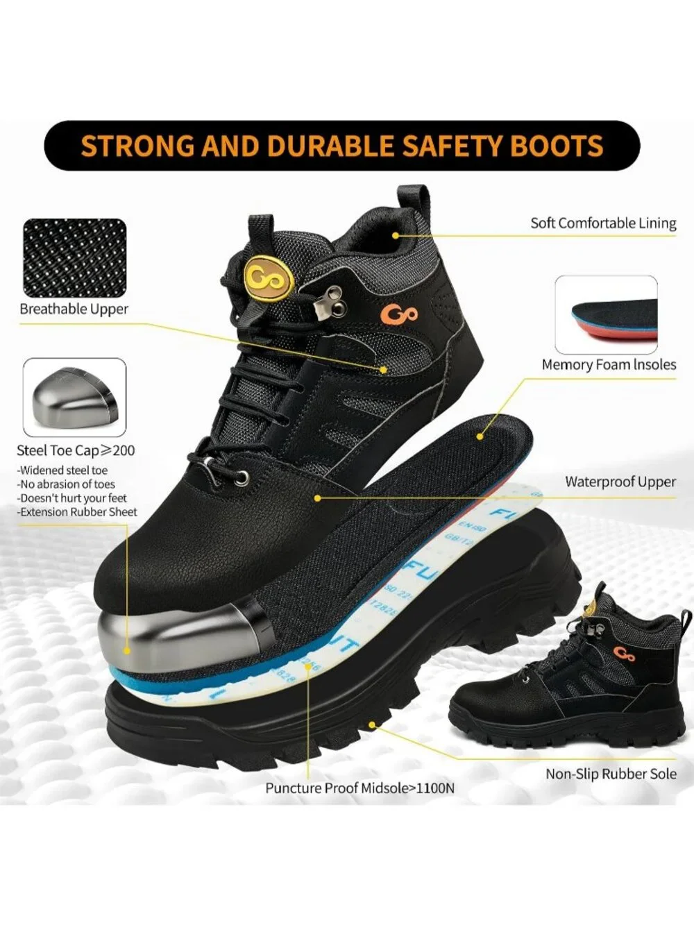 Men's Black Waterproof Shoes Solid High Top Steel Toe Outdoor Hiking Boots